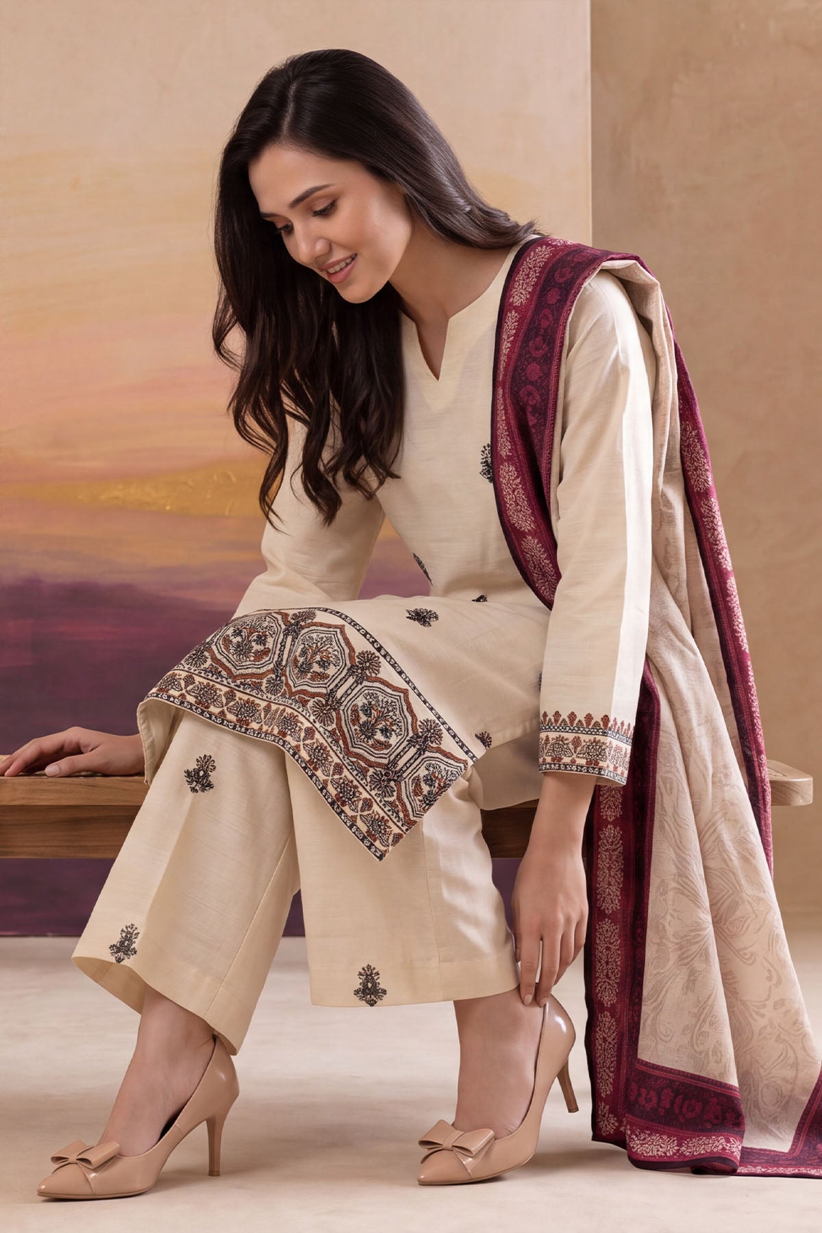 Women 3 Piece Solid Embroidered Suit - LDS2204