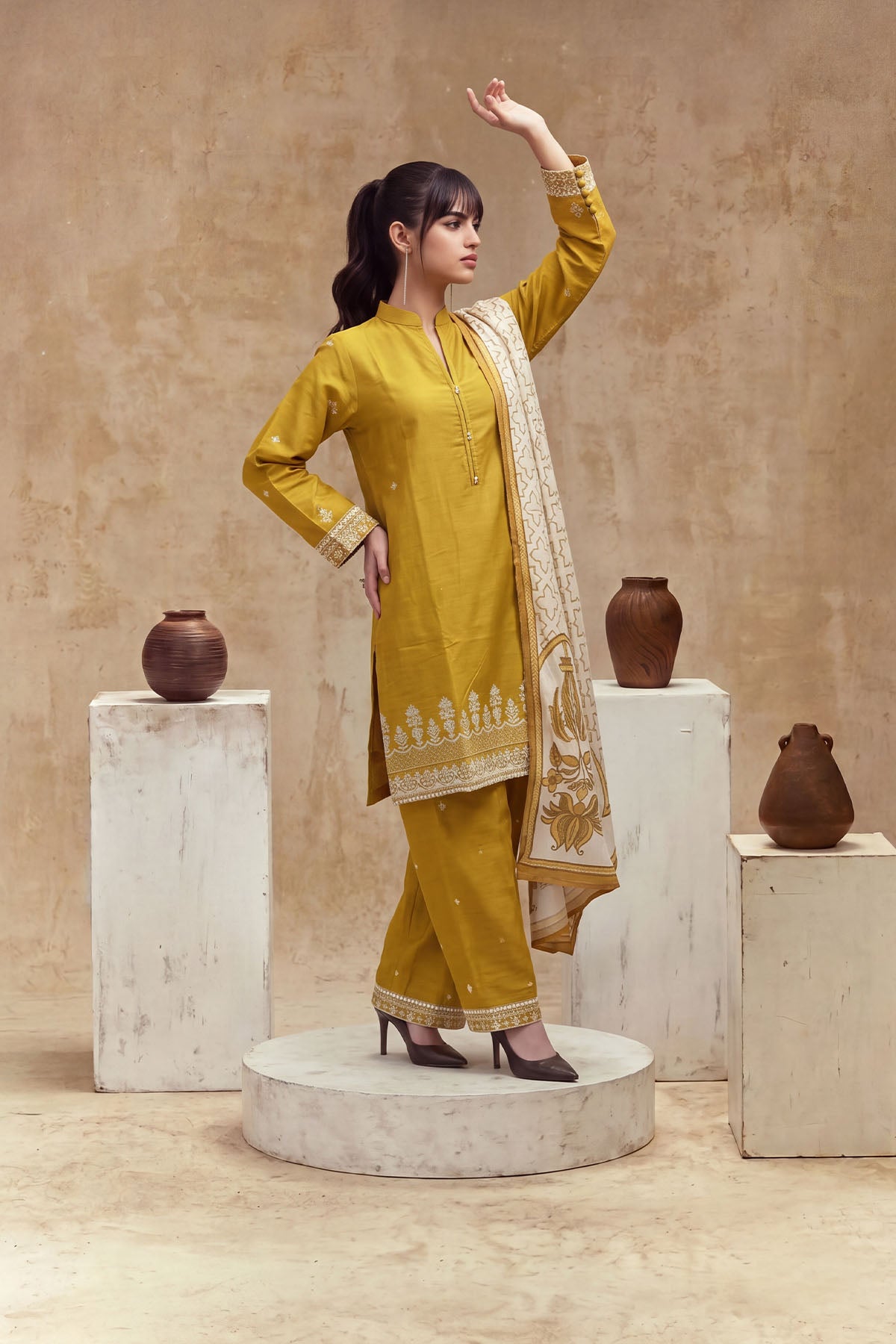 Women 3 Piece Solid Embroidered Suit - LDS2310