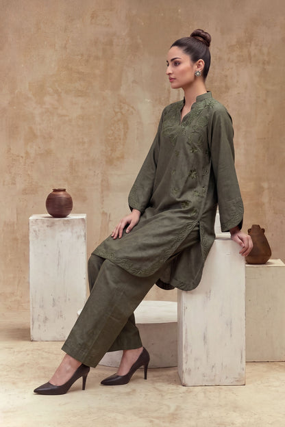Women 2 Piece Solid Embroidered Suit - LDS2352