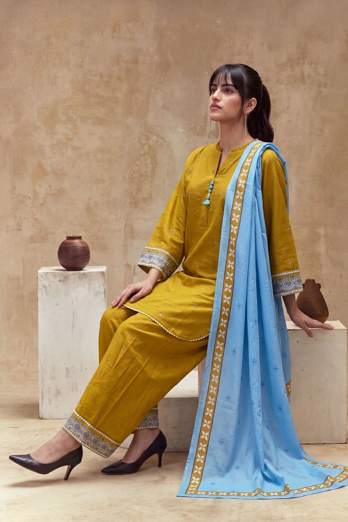Women 3 Piece Solid Embroidered Suit - LDS2387