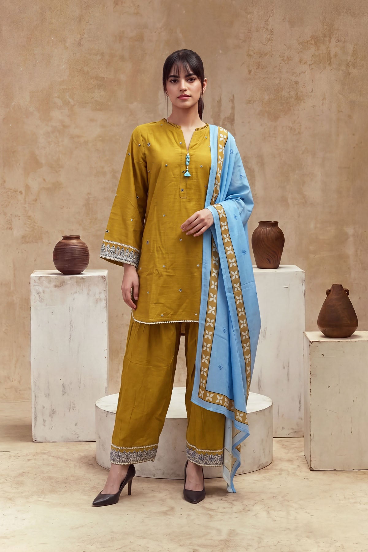 Women 3 Piece Solid Embroidered Suit - LDS2387