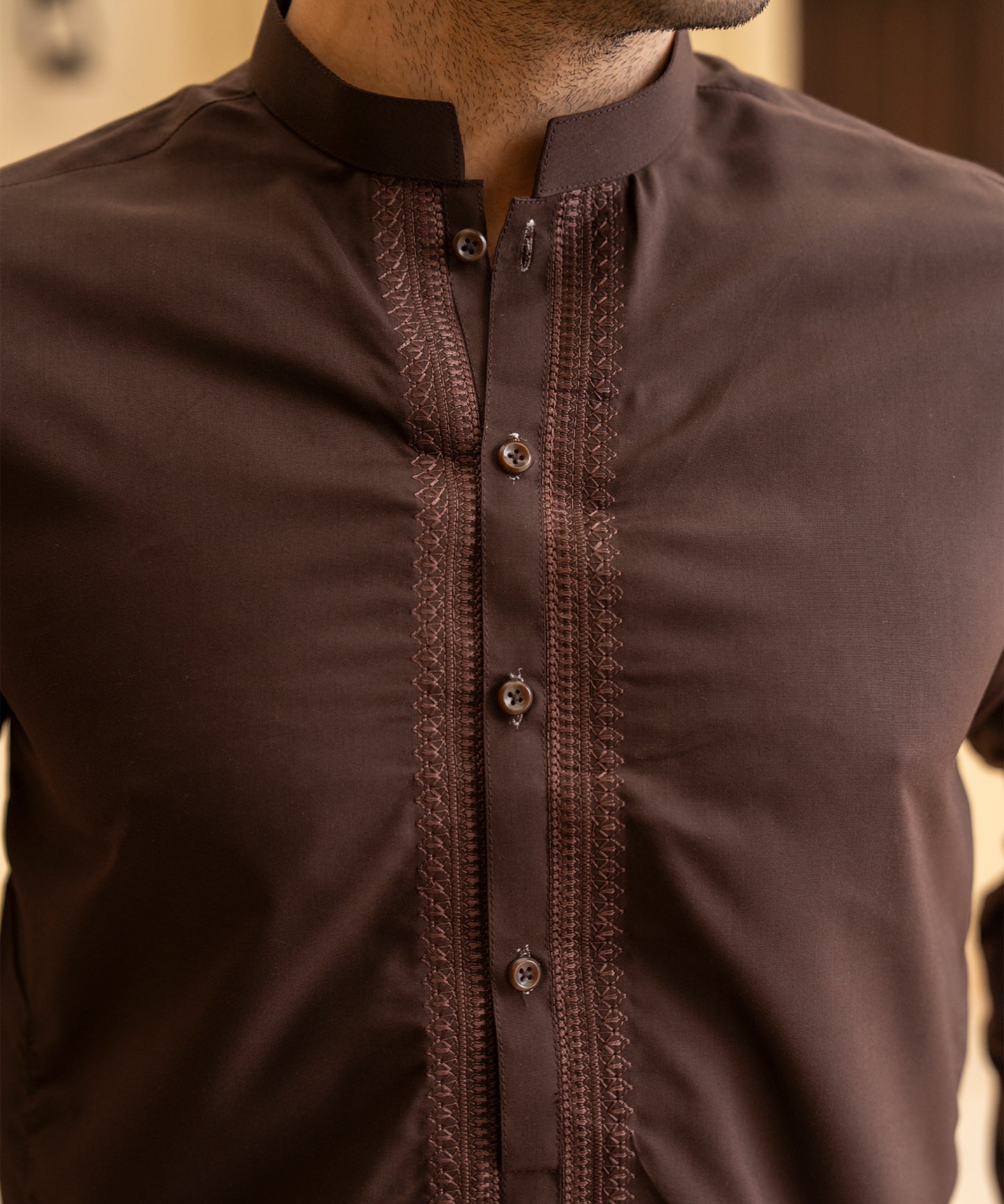 Toyo Bo Embroidered Suit Brown Men's Unstitched