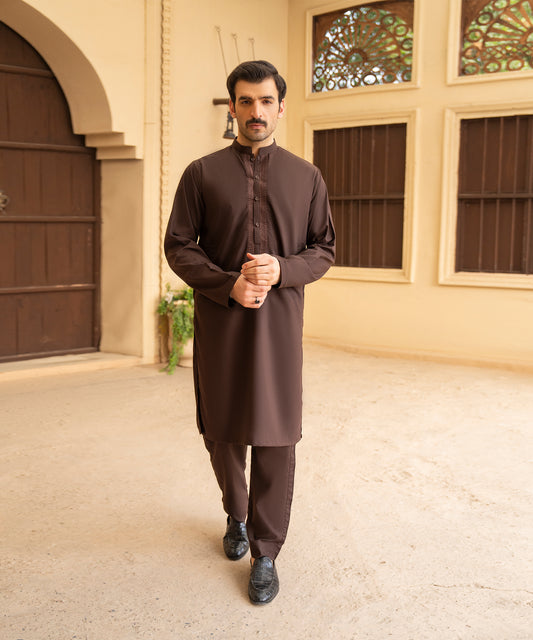 Toyo Bo Embroidered Suit Brown Men's Unstitched