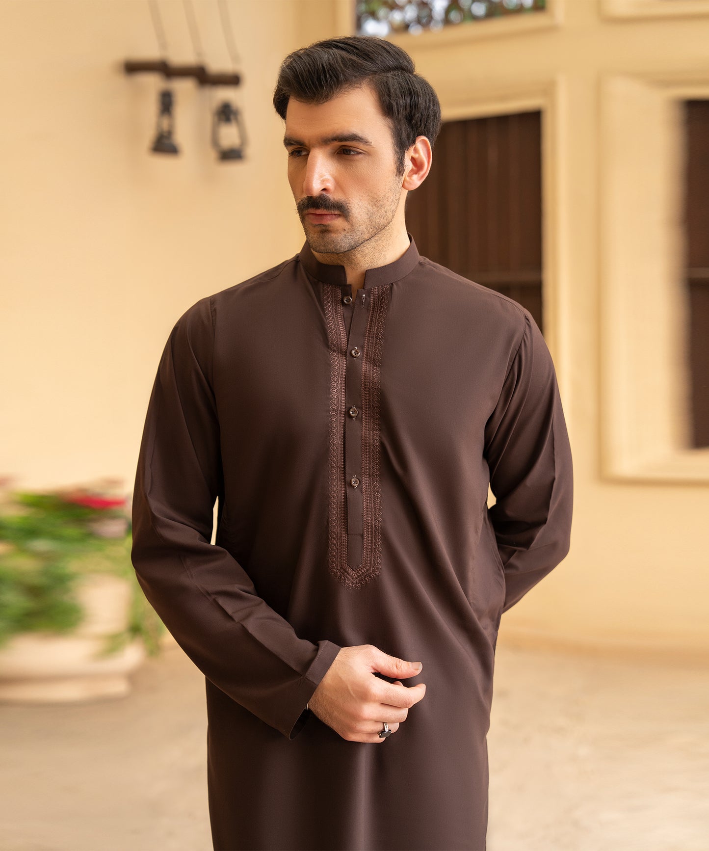 Toyo Bo Embroidered Suit Brown Men's Unstitched