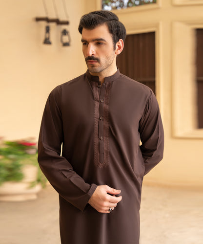 Toyo Bo Embroidered Suit Brown Men's Unstitched
