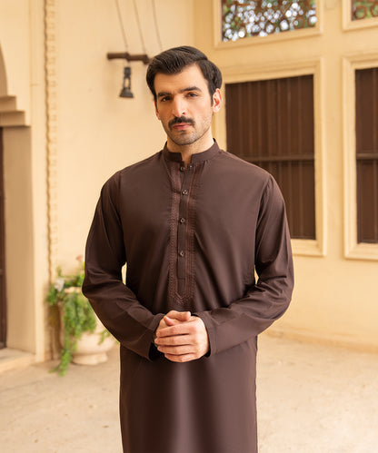 Toyo Bo Embroidered Suit Brown Men's Unstitched