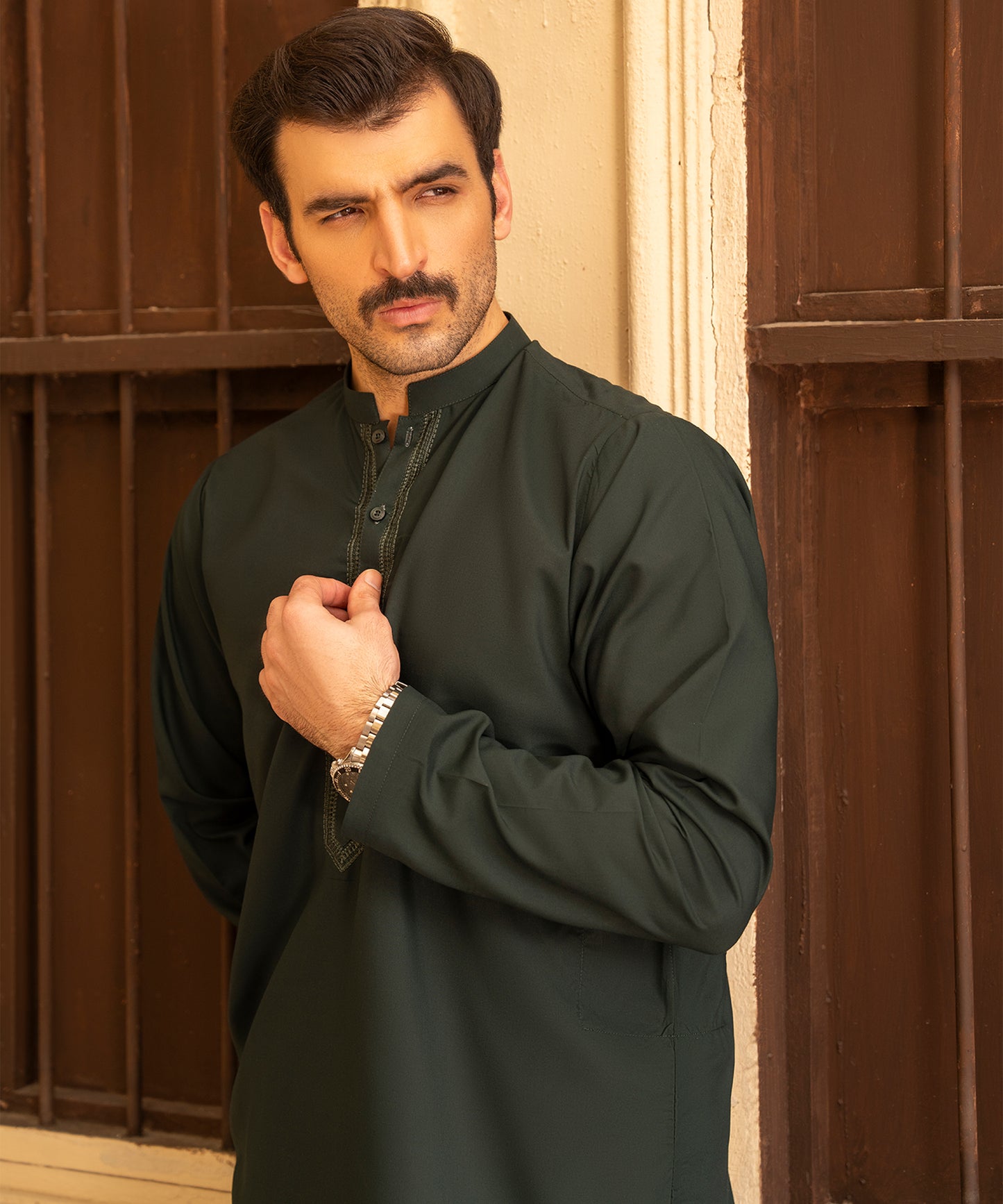 Toyo Bo Embroidered Suit  Green Men's Unstitched