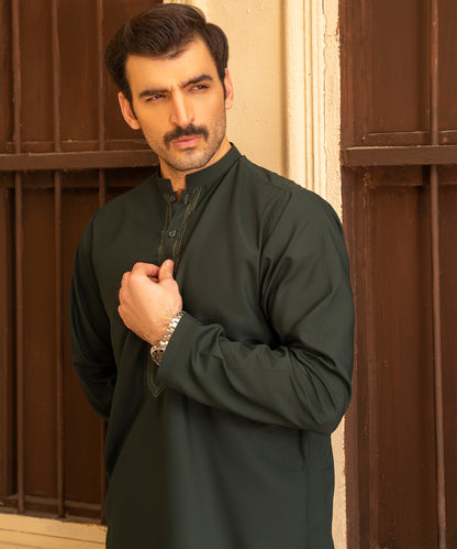 Toyo Bo Embroidered Suit  Green Men's Unstitched