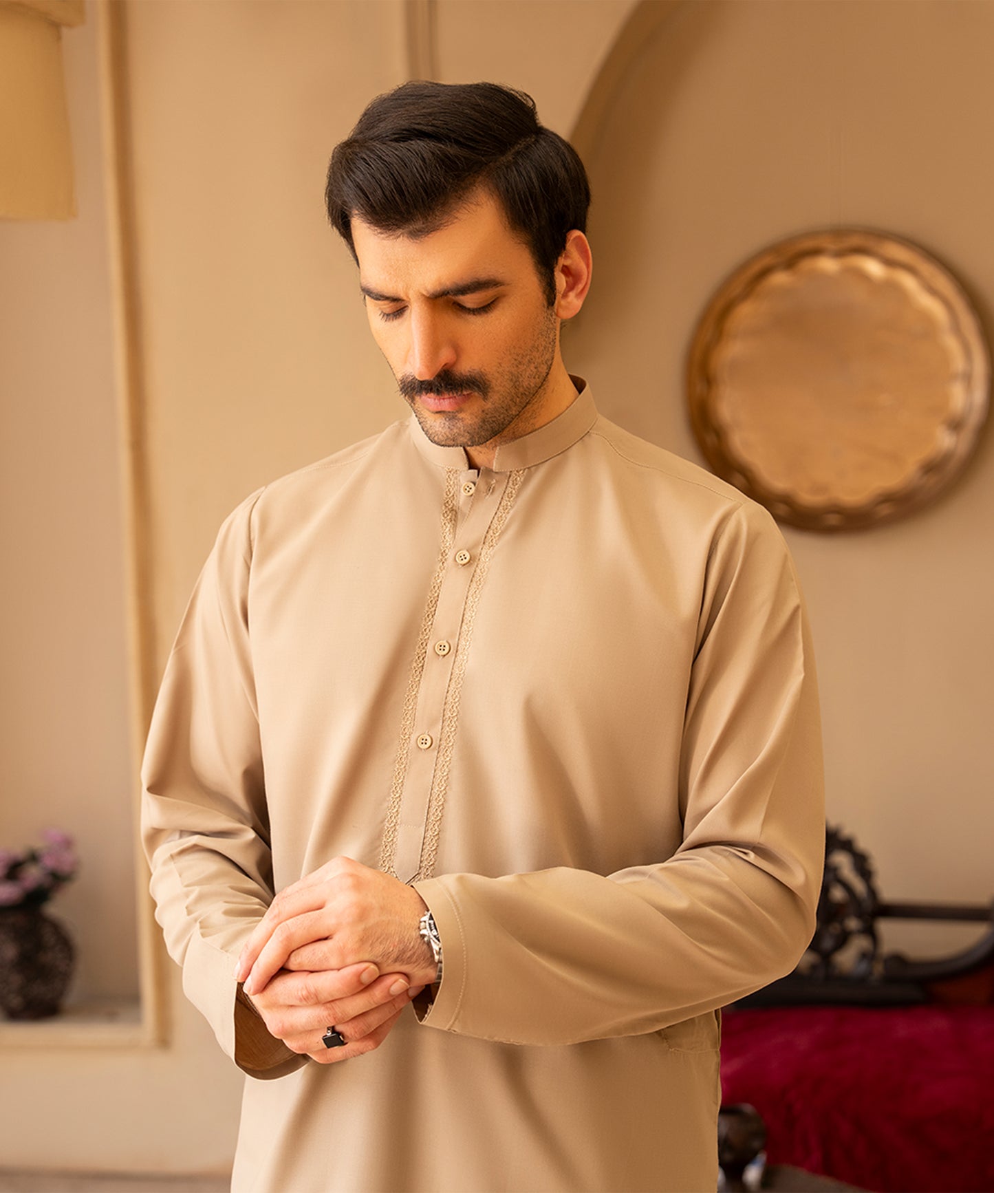 Toyo Bo Embroidered Suit  Blush Green Men's Unstitched