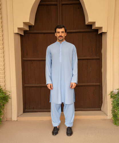 Toyo Bo Embroidered Suit SKy Blue Men's Unstitched