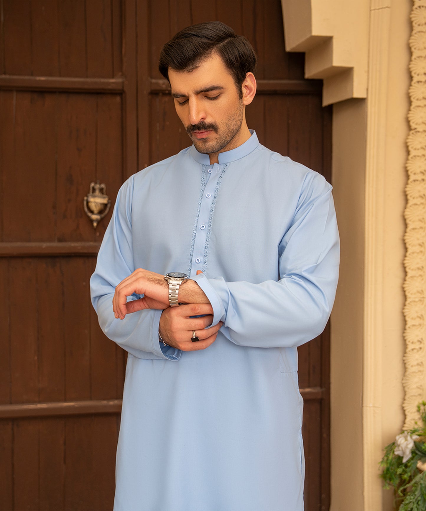Toyo Bo Embroidered Suit SKy Blue Men's Unstitched