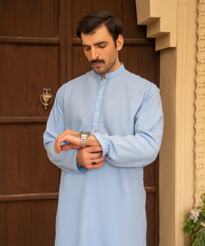Toyo Bo Embroidered Suit SKy Blue Men's Unstitched