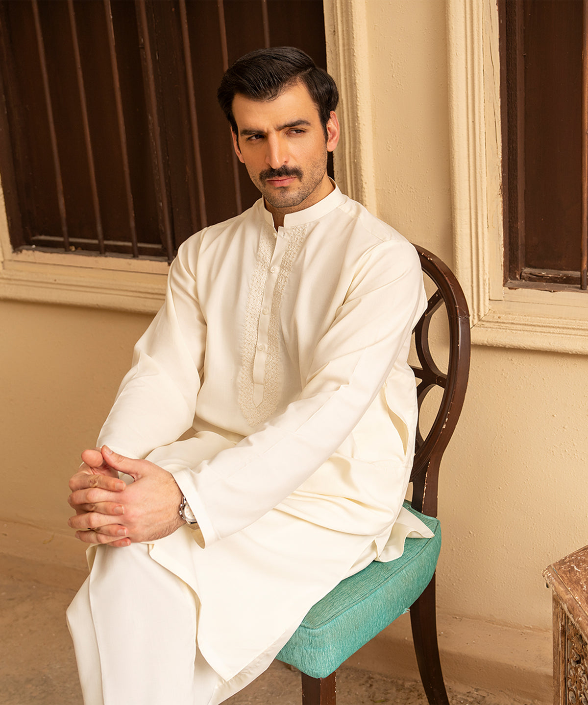 Toyo Bo Embroidered Suit Cream Men's Unstitched