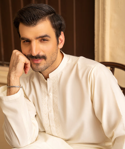 Toyo Bo Embroidered Suit Cream Men's Unstitched