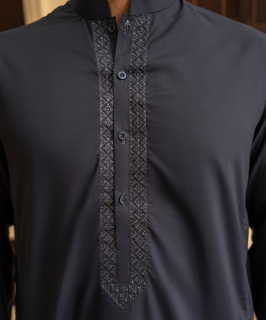 Toyo Bo Embroidered Suit Dark Grey Men's Unstitched