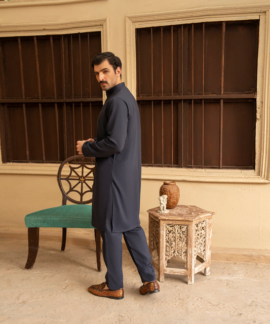 Toyo Bo Embroidered Suit Dark Grey Men's Unstitched