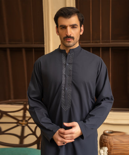 Toyo Bo Embroidered Suit Dark Grey Men's Unstitched