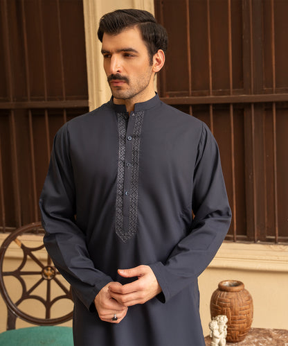Toyo Bo Embroidered Suit Dark Grey Men's Unstitched