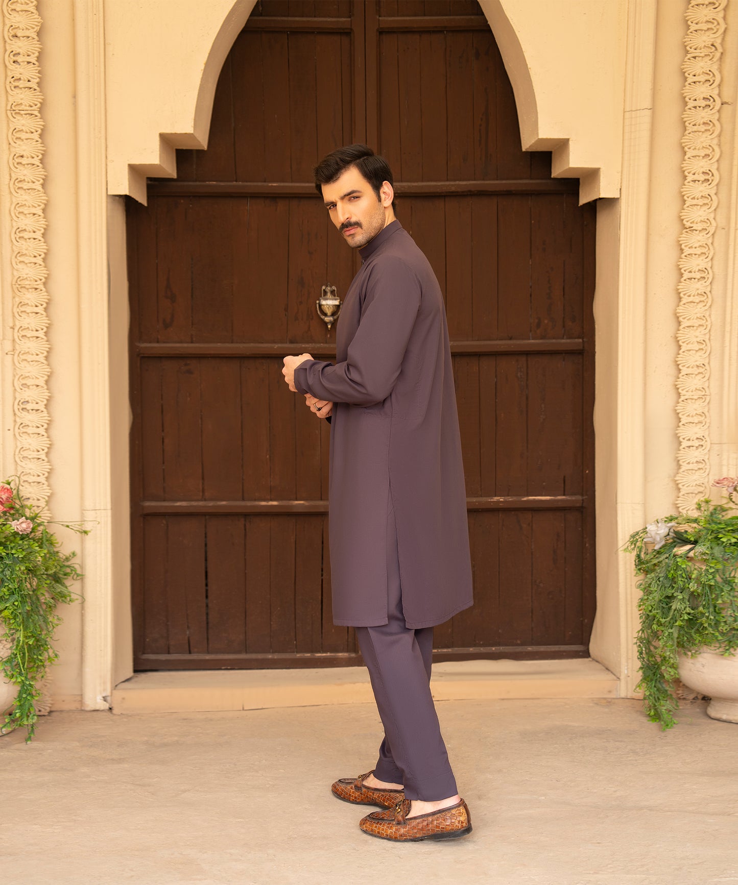Toyo Bo Embroidered Suit Light Brown Men's Unstitched