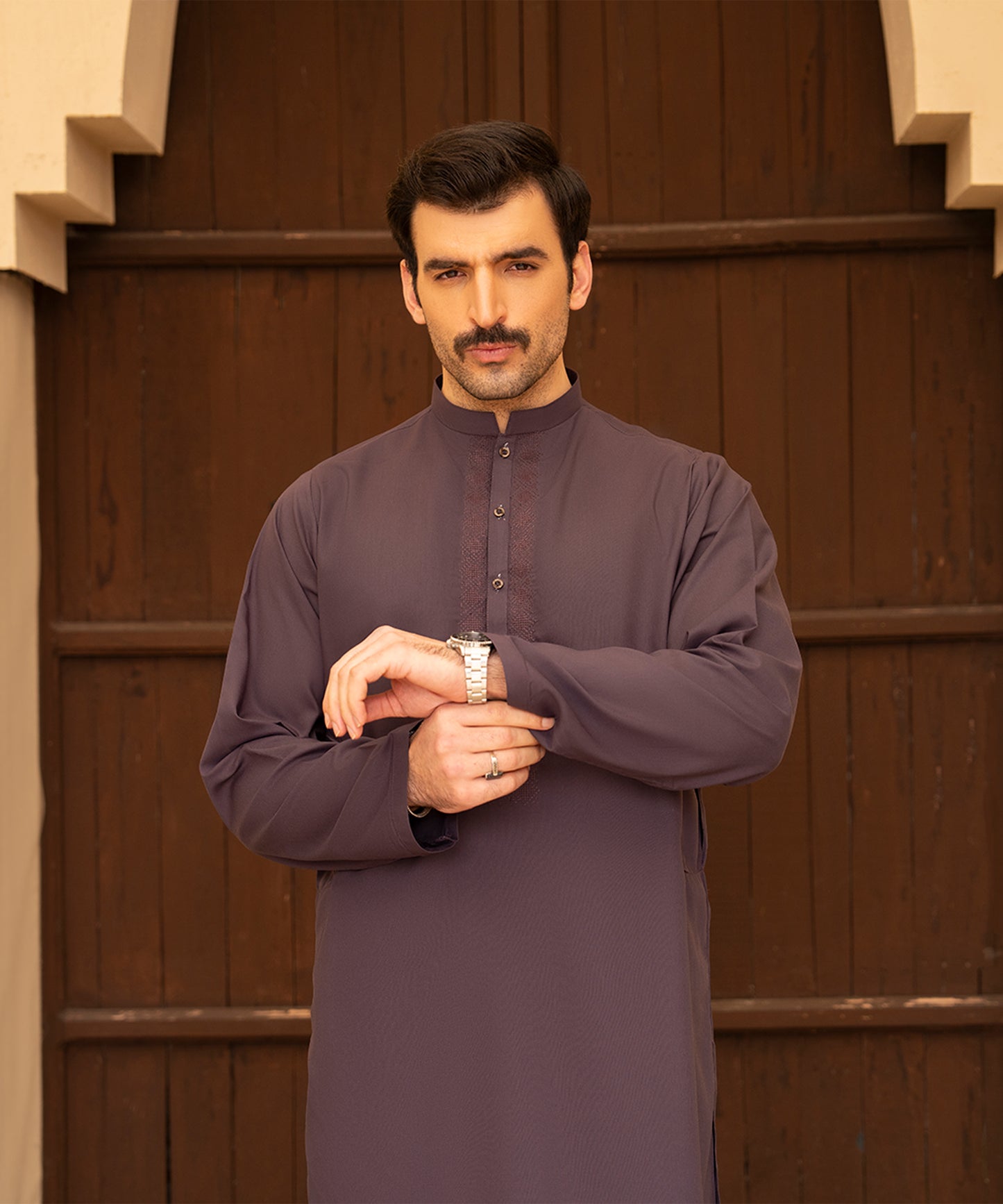 Toyo Bo Embroidered Suit Light Brown Men's Unstitched