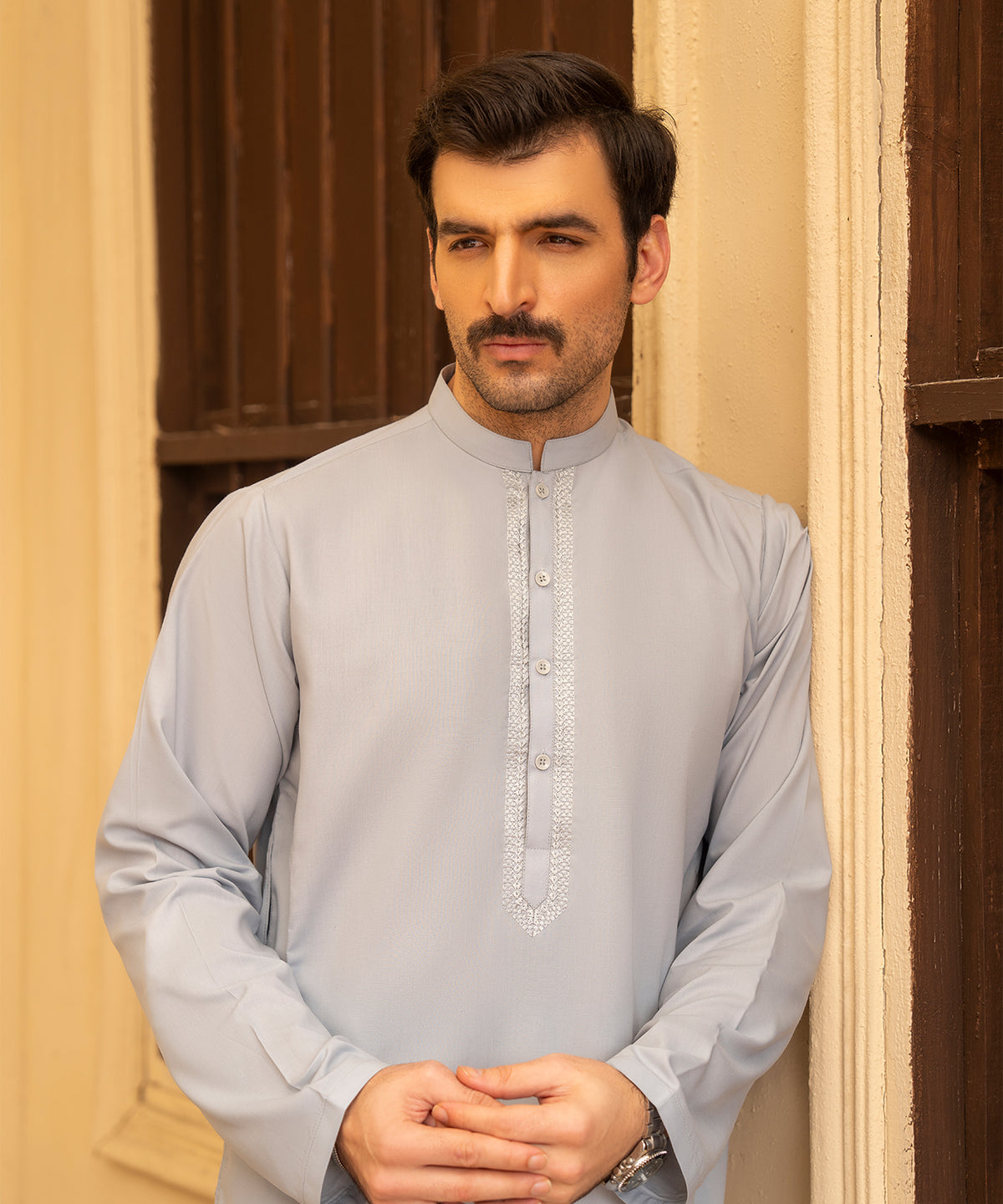 Toyo Bo Embroidered Suit Light Blue Men's Unstitched