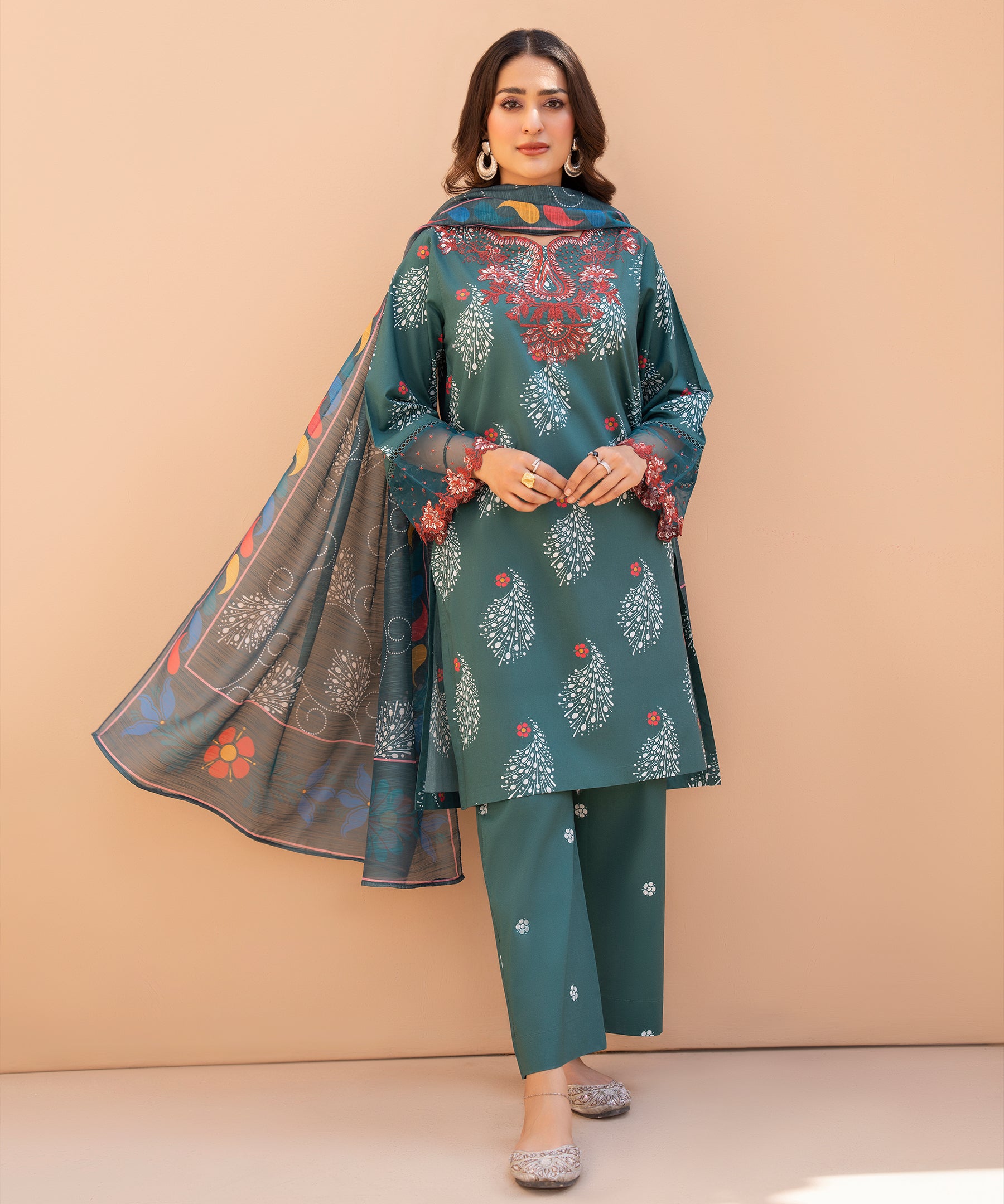3PC Printed Embroidered Suit  - LDS 1329