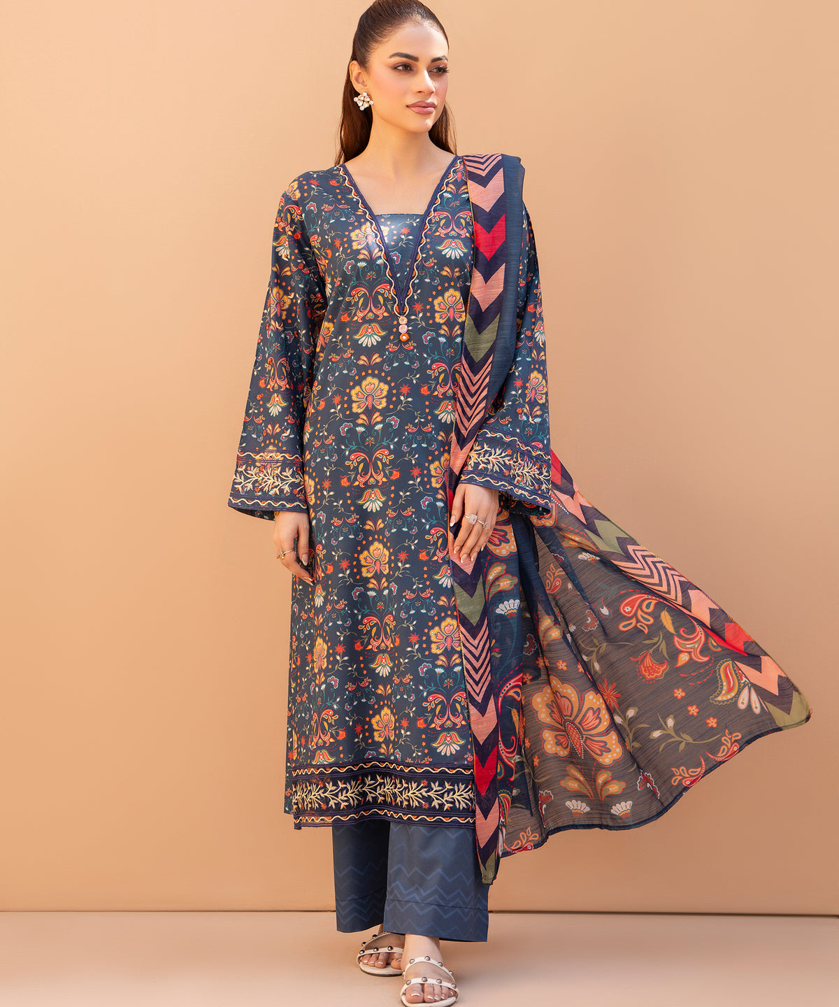 3PC Printed Embroidered Suit - LDS 1334