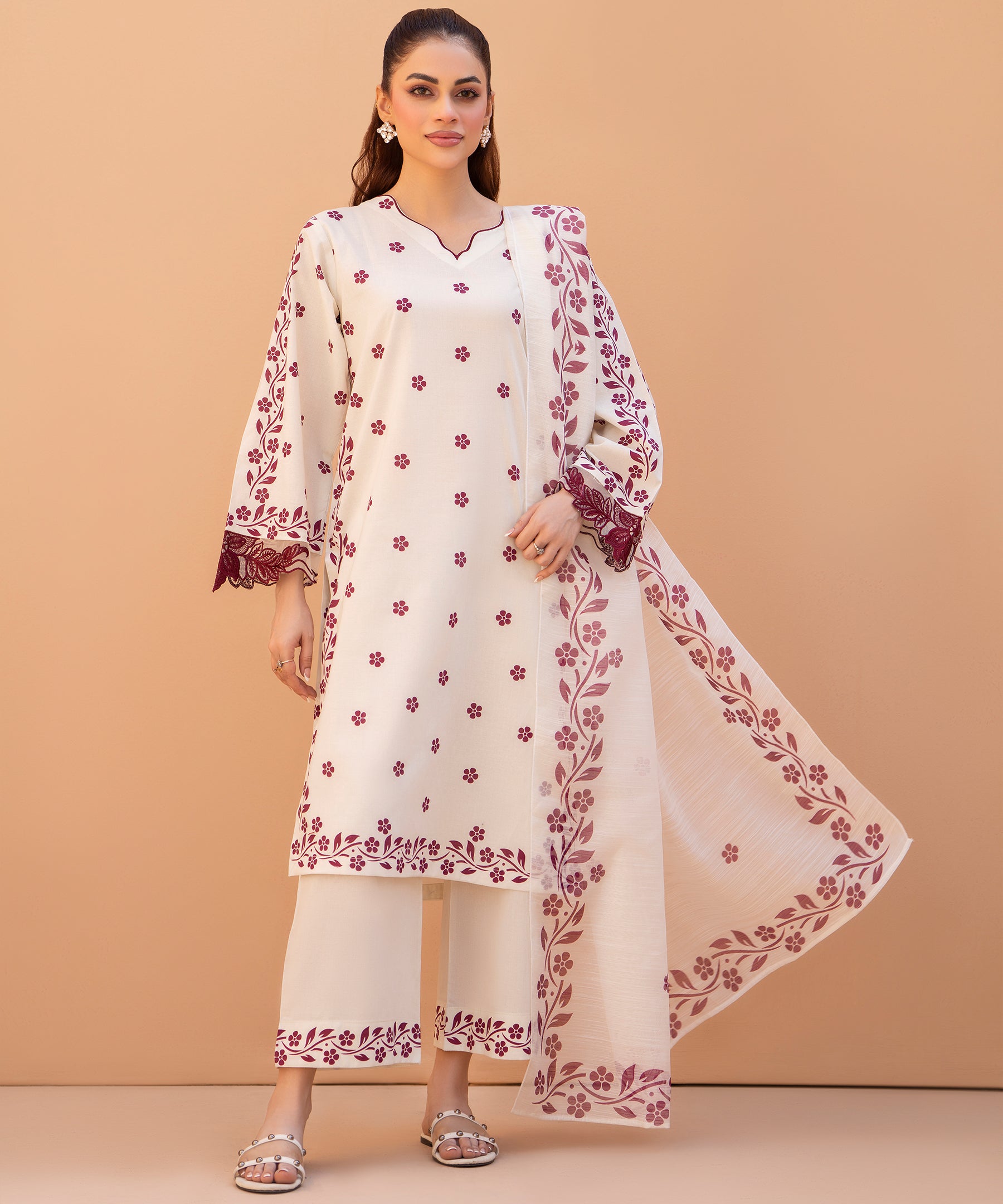 3PC Printed Embroidered Suit - LDS 1338