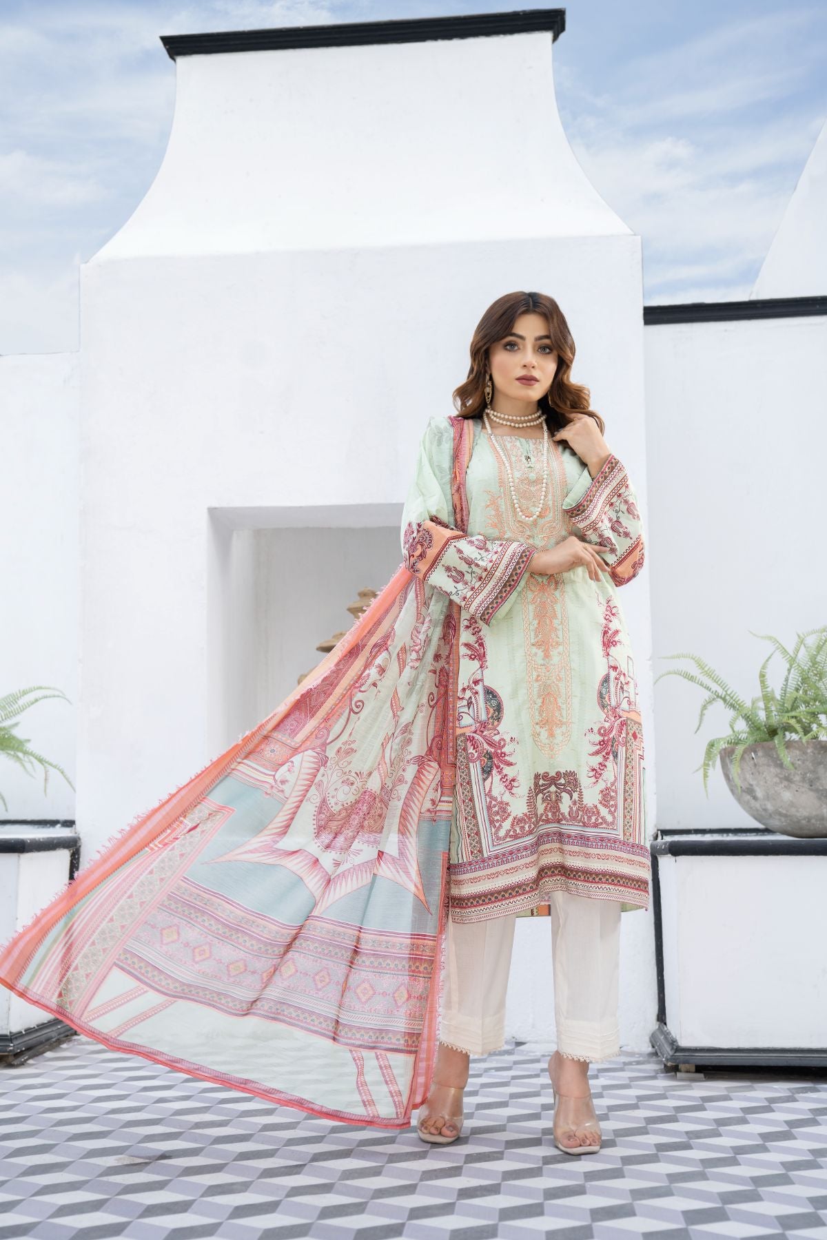 3PC Printed Embroidered Suit - LDS 572