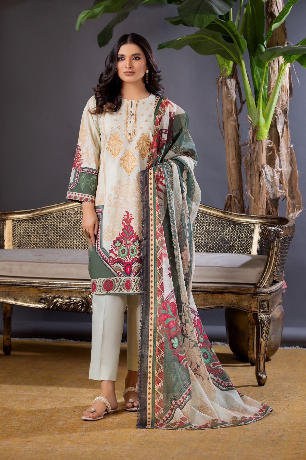 3PC Printed Embroidered Suit  - LDS 762